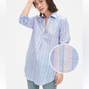 GAP WOMENS BOYFRIEND STRIPE 100% LINEN POPOVER TUNIC BLOUSE BLUE PINK MEDIUM